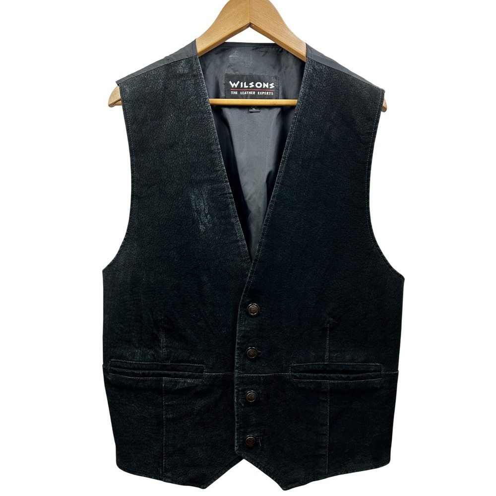 Wilsons Leather Vest Mens XL Black Nubuck Button Front‎ Adjustable Western Biker
